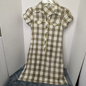 LEI Juniors XS Beige/Yellow Plaid Shirt Dress Button Front Short Sleeve Y2k